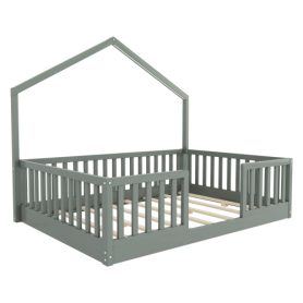 House Shape Full Floor Bed with High Rails and Light