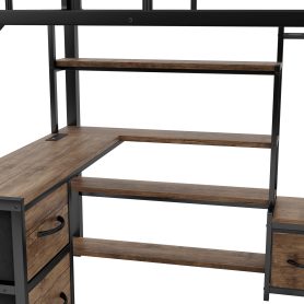 Metal Full Size Loft Bed With Desk, Light, Storage Shelves, Wardrobe And Drawers