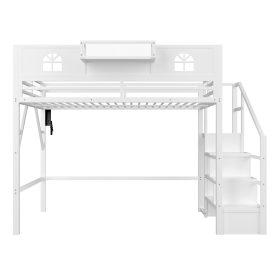 Metal Queen Loft Bed With High And House Shaped Guardrails, Stairs and Wardrobe