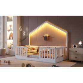 House Shape Twin Floor Bed with High Rails and Light