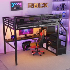 Metal Full Size Loft Bed With Desk, Charging Station, Stairs And Light