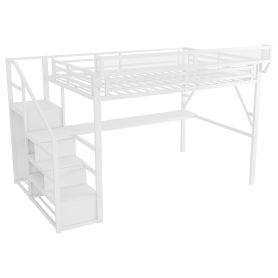Metal Full Loft Bed With Desk, Charging Station, Stairs And Light