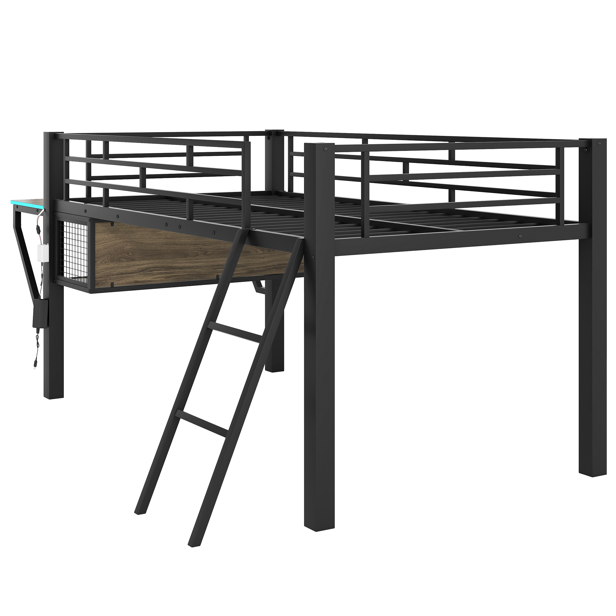 Twin Gaming Mid Loft Bed With Desk and LED Light