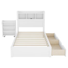 Wood Twin Bed with Drawers, Headboard And Pull Out Storage Cabinet