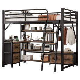 Metal Full Size Loft Bed With Desk, Light, Storage Shelves, Wardrobe And Drawers