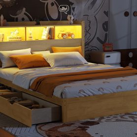 Wood Queen Bed with Drawers, Headboard And Pull Out Storage Cabinet