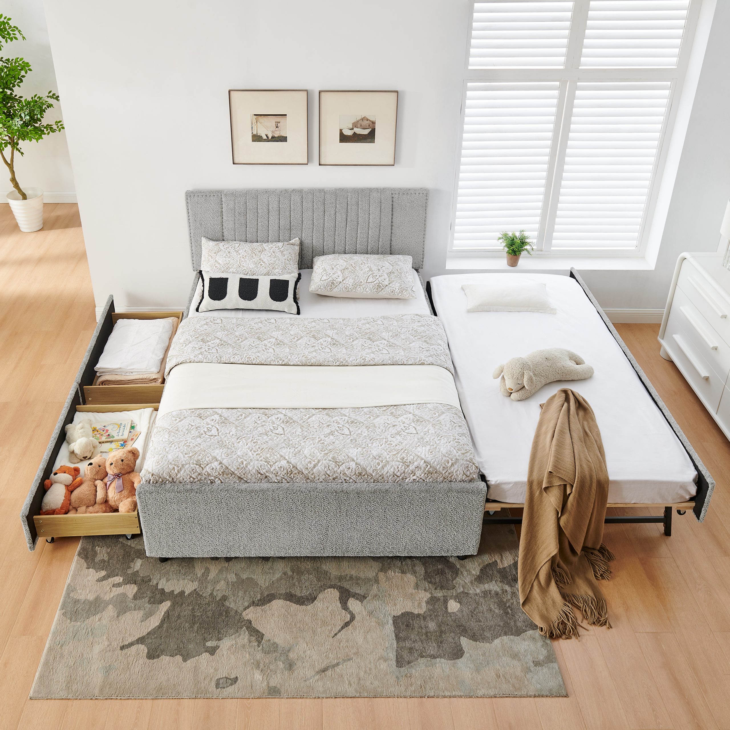Queen Size Upholstered Bed with Vertical Channel Tufted Headboard & Nailhead Trim