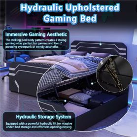 Queen Size Upholstered Gaming Bed with Side-Lift Hydraulic Storage System