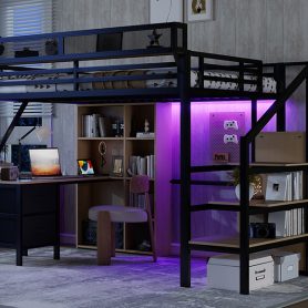 Full Size Loft Bed With Desk, Charging Station, 7 Open Storage Spaces And LED Lighting
