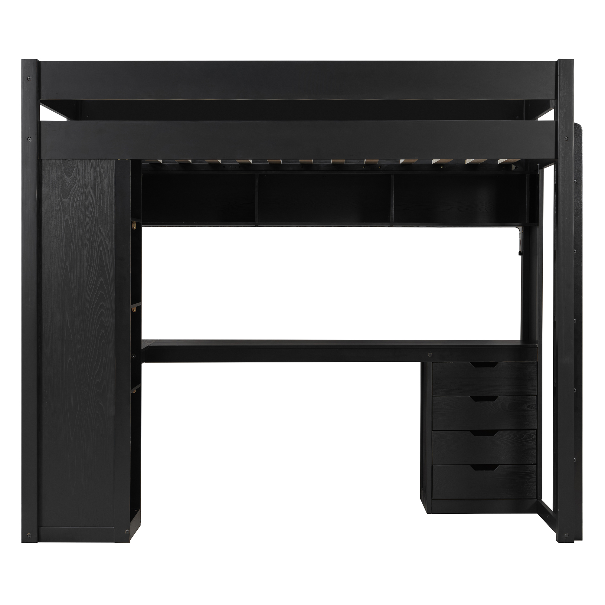 Twin Size Solid Wood Loft Bed with L-Shaped Desk and 4 Drawers