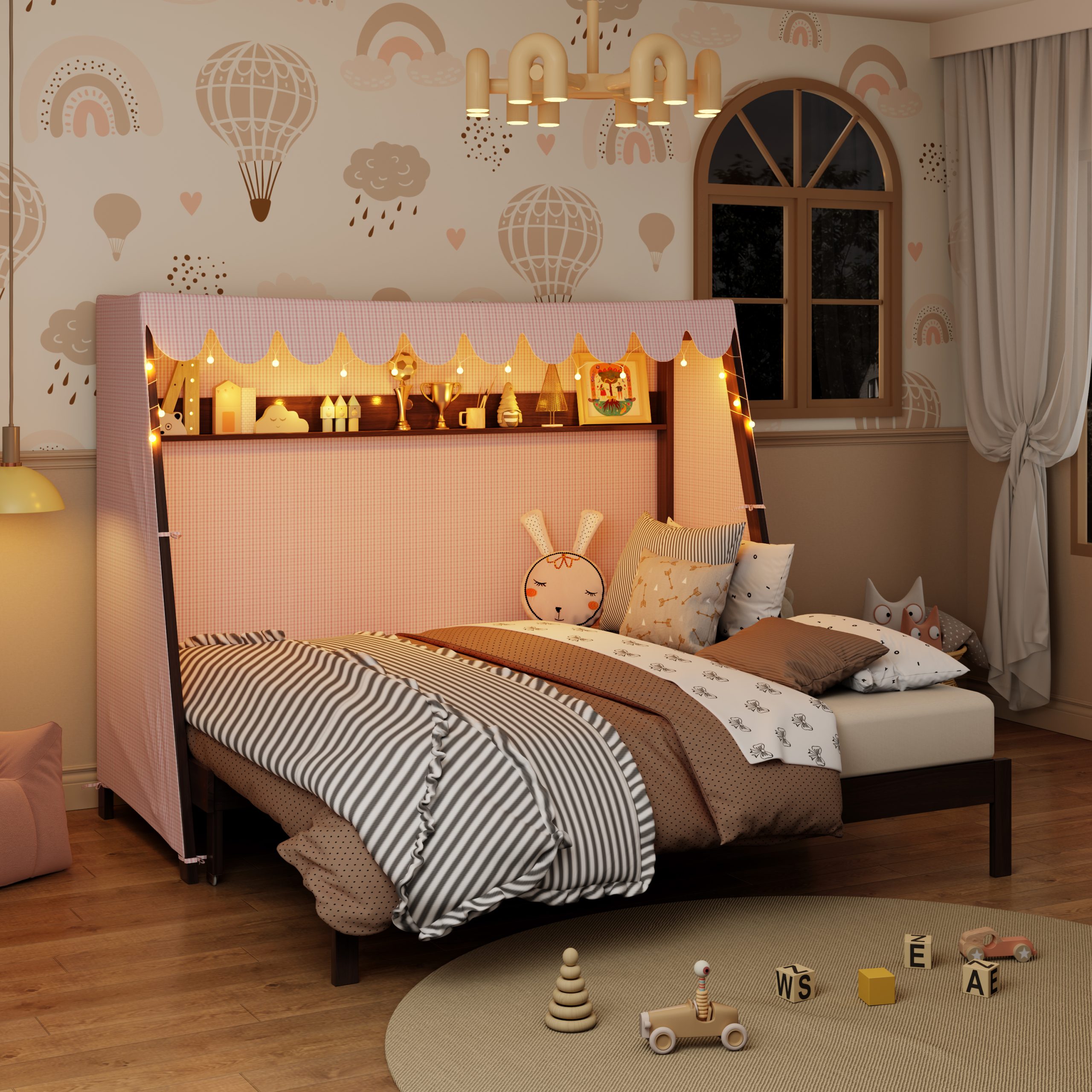 Twin XL House Bed with Twin XL Trundle, Shelf, Tent and Light