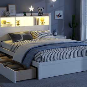 Wood Full Bed with Drawers, Headboard And Pull Out Storage Cabinet