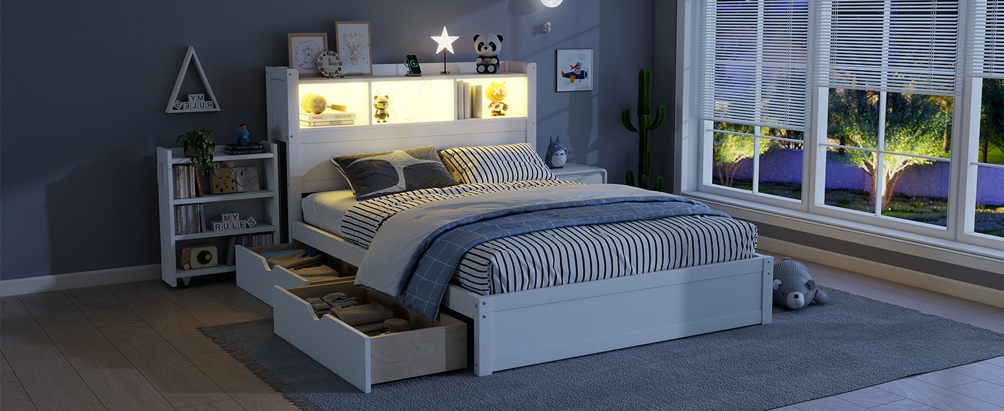 Wood Full Bed with Drawers, Headboard And Pull Out Storage Cabinet