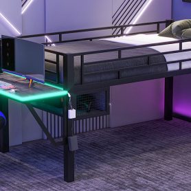 Twin Gaming Mid Loft Bed With Desk and LED Light