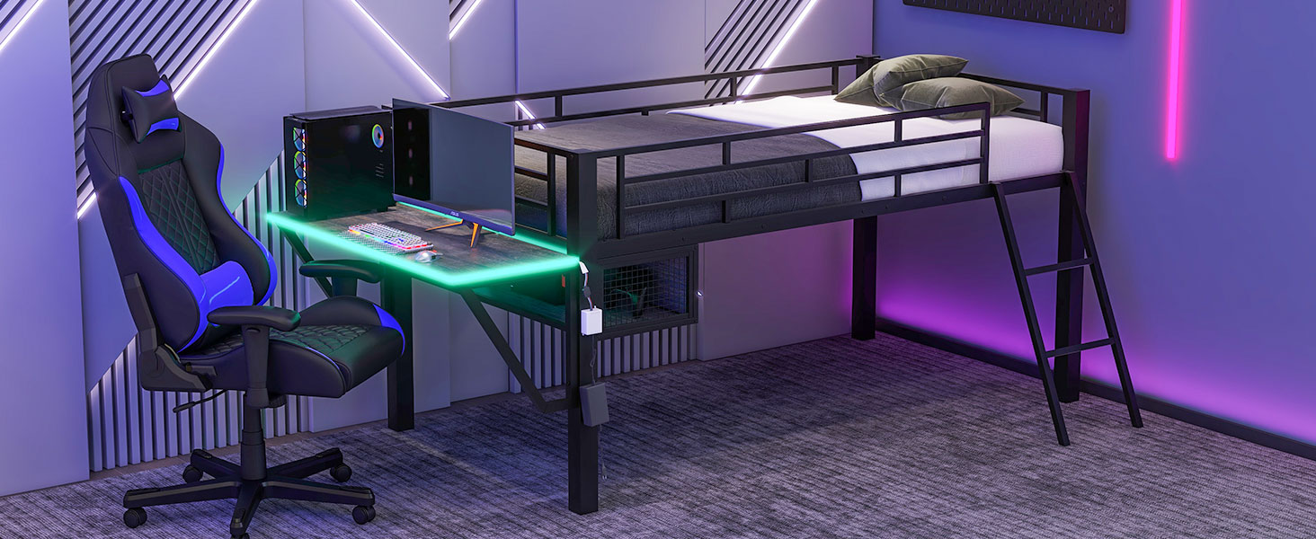 Twin Gaming Mid Loft Bed With Desk and LED Light