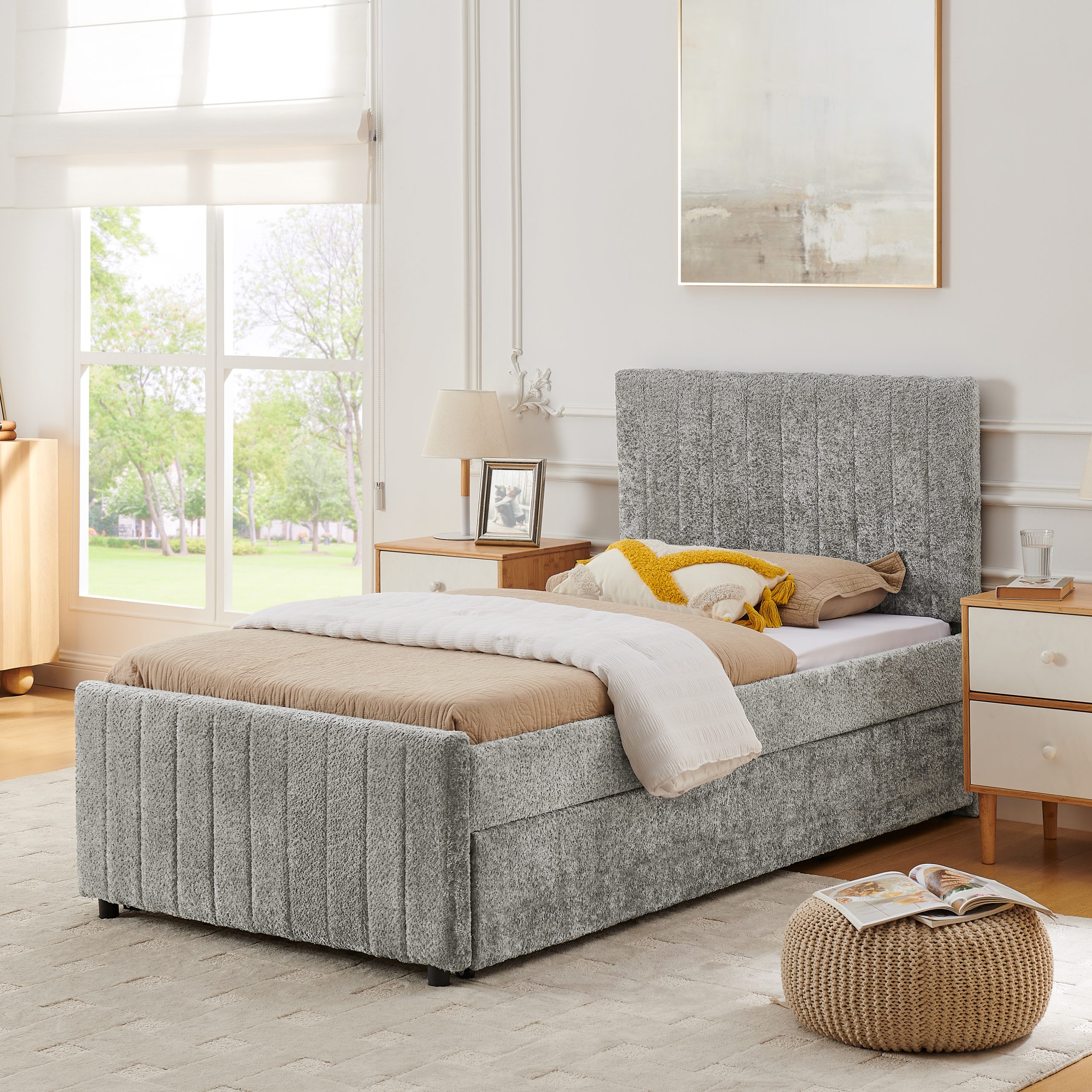 Twin Size Upholstered Bed with Vertical Channel Tufted Headboard & Nailhead Trim