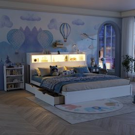 Wood King Bed with Drawers, Headboard And Pull Out Storage Cabinet