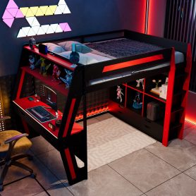Full Size Gaming Loft Bed with Integrated Desk, Smart RGB LED Lights and USB Ports