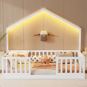 House Shape Twin Floor Bed with High Rails and Light