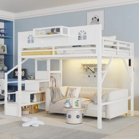 Metal Queen Loft Bed With High And House Shaped Guardrails, Stairs and Wardrobe