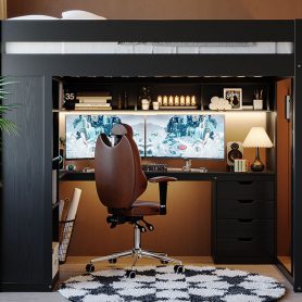 Full Size Solid Wood Loft Bed with L-Shaped Desk and 4 Drawers