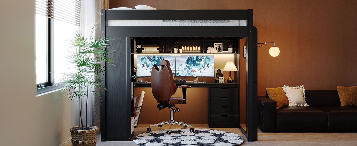 Full Size Solid Wood Loft Bed with L-Shaped Desk and 4 Drawers