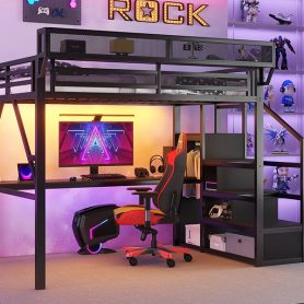 Metal Full Size Loft Bed With Desk, Charging Station, Stairs And Light