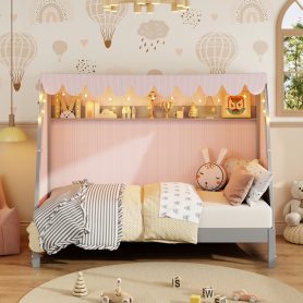 Twin XL House Bed with Twin XL Trundle, Shelf, Tent and Light