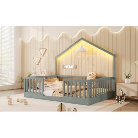 House Shape Full Floor Bed with High Rails and Light