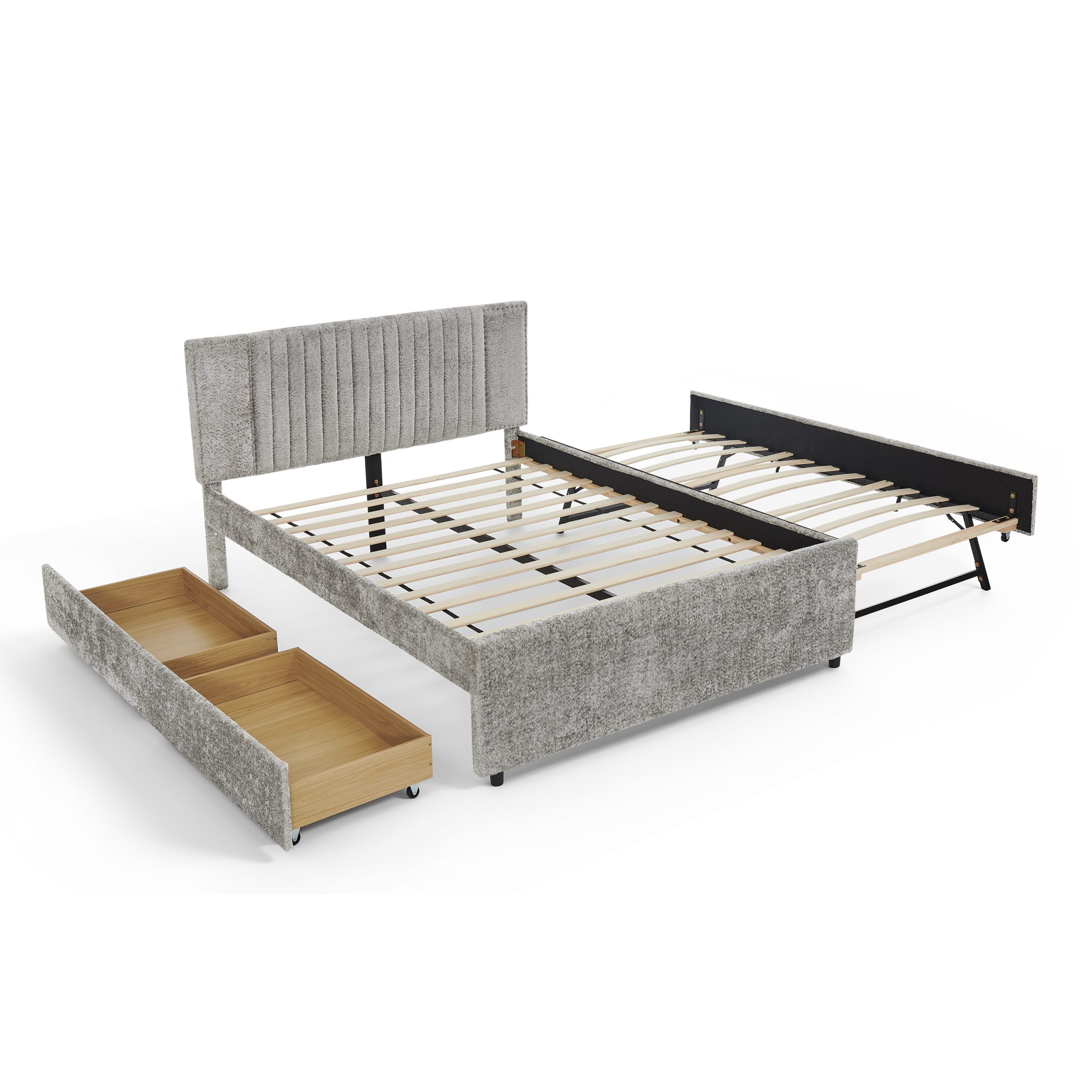 Queen Size Upholstered Bed with Vertical Channel Tufted Headboard & Nailhead Trim