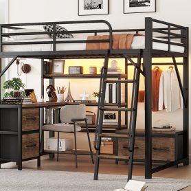 Metal Full Size Loft Bed With Desk, Light, Storage Shelves, Wardrobe And Drawers