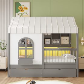 Twin Size House Bed with 2 Large Drawers, Side Bookshelf with LED Strip
