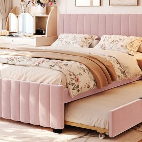 Queen Size Velvet Upholstered Platform Bed with Twin XL Size Trundle