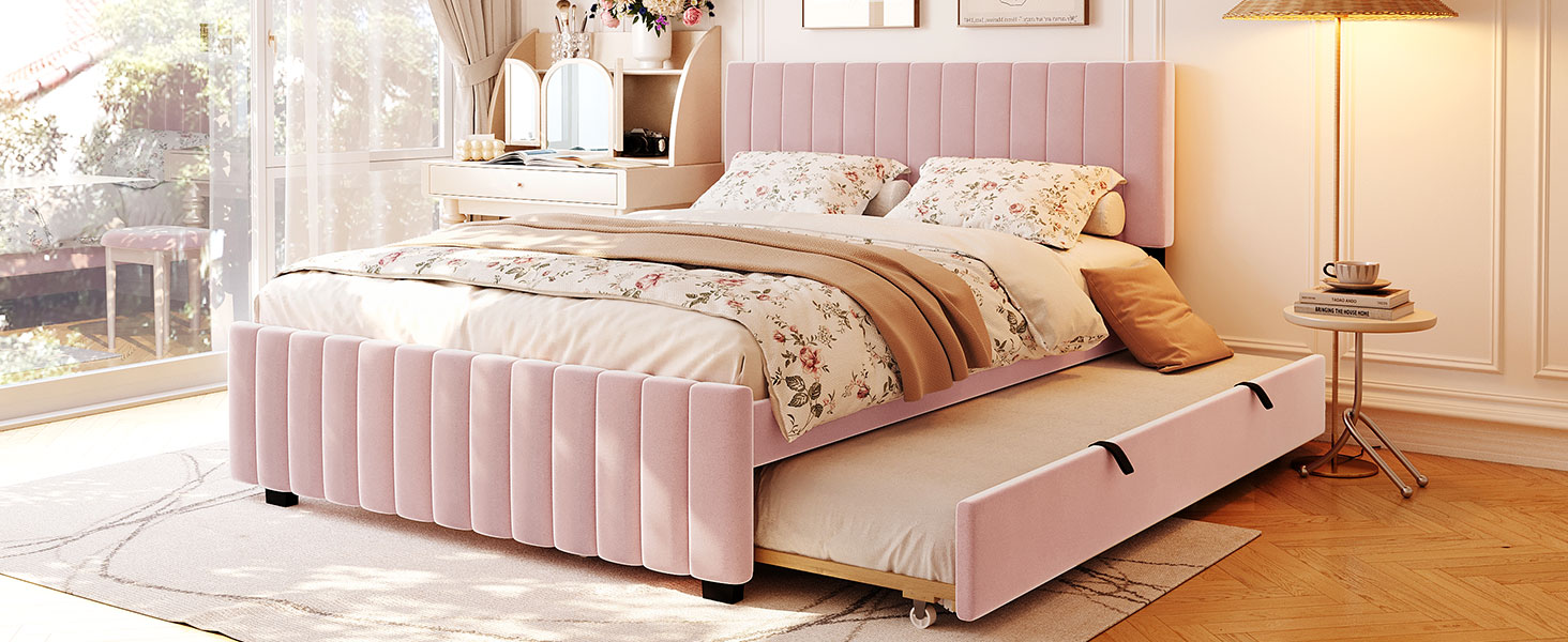 Queen Size Velvet Upholstered Platform Bed with Twin XL Size Trundle