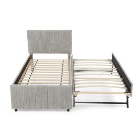 Twin Size Upholstered Bed with Vertical Channel Tufted Headboard & Nailhead Trim