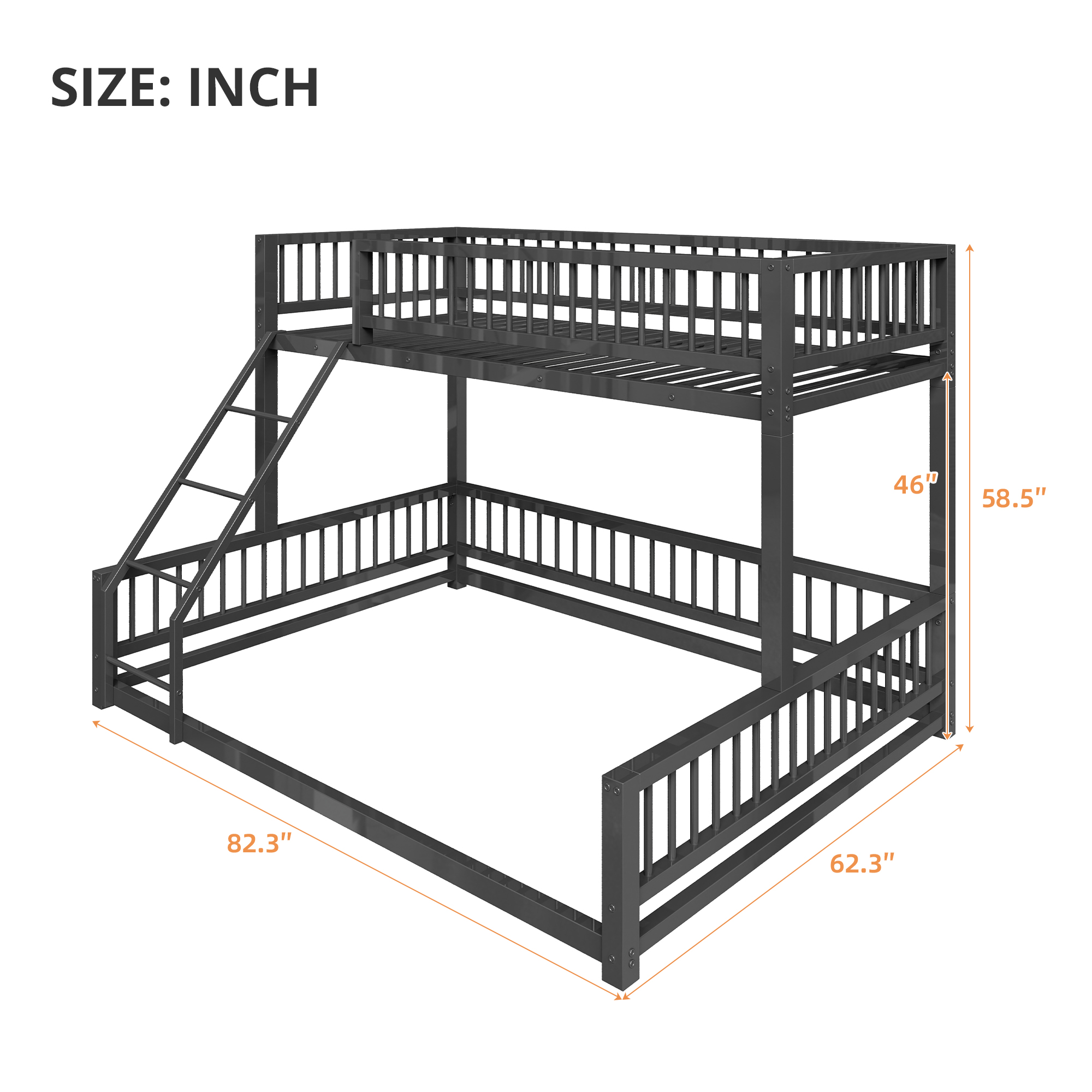 Twin XL over Queen Floor Bunk Bed with Ladder and Safety Guardrails