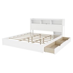 Wood King Bed with Drawers, Headboard And Pull Out Storage Cabinet
