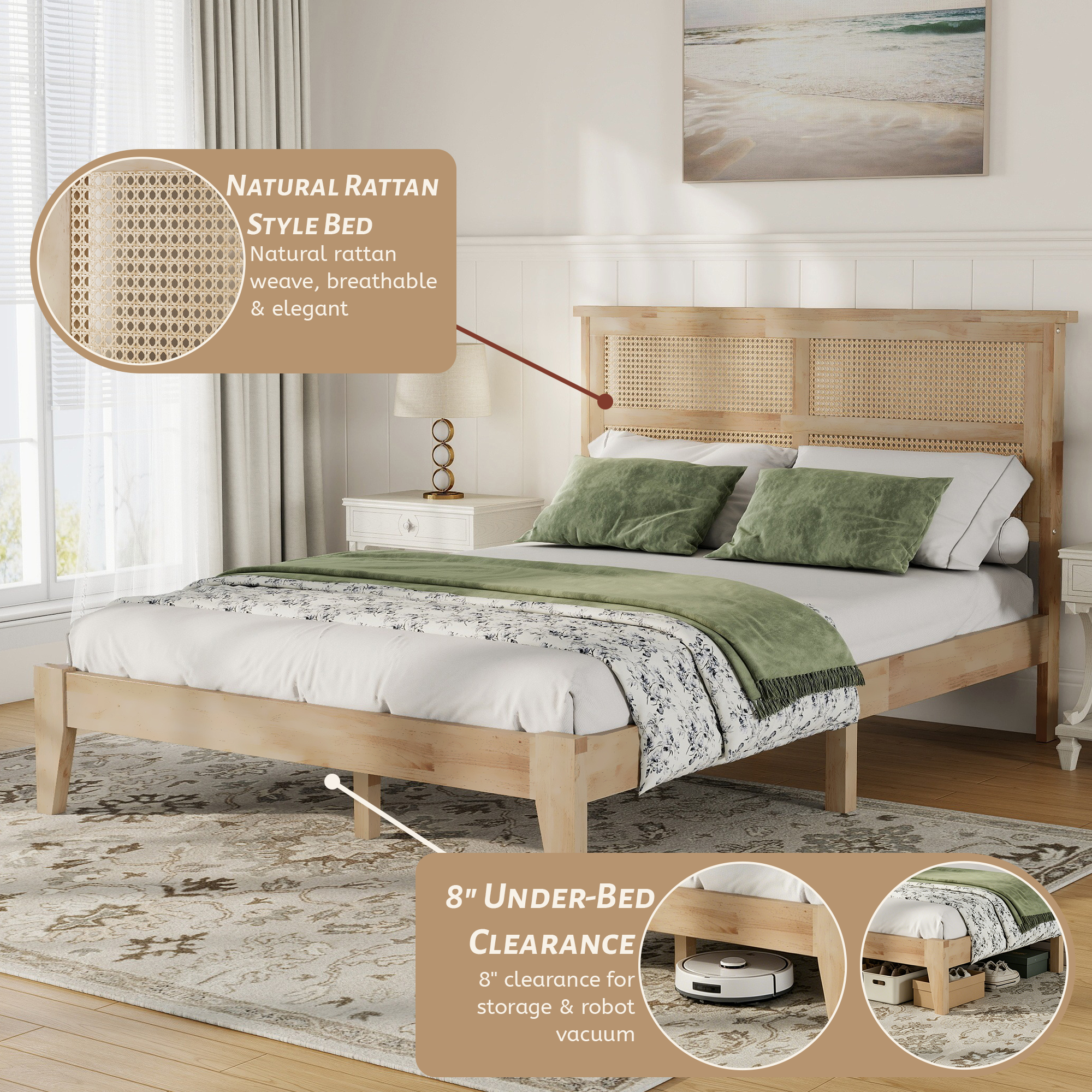 Full Size Solid Wood Bed with Rattan Headboard 17 Full Size Solid Wood Bed with Rattan Headboard