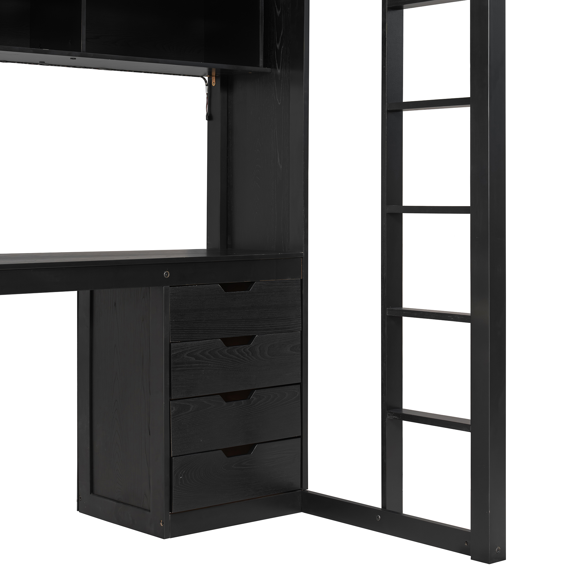 Twin Size Solid Wood Loft Bed with L-Shaped Desk and 4 Drawers