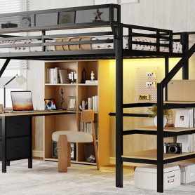 Full Size Loft Bed With Desk, Charging Station, 7 Open Storage Spaces And LED Lighting