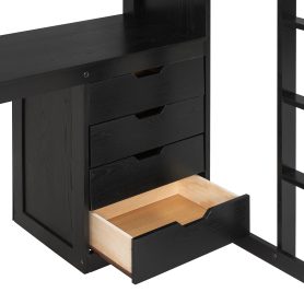 Twin Size Solid Wood Loft Bed with L-Shaped Desk and 4 Drawers