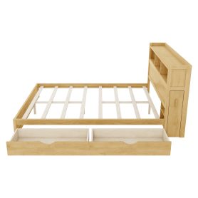 Wood Queen Bed with Drawers, Headboard And Pull Out Storage Cabinet