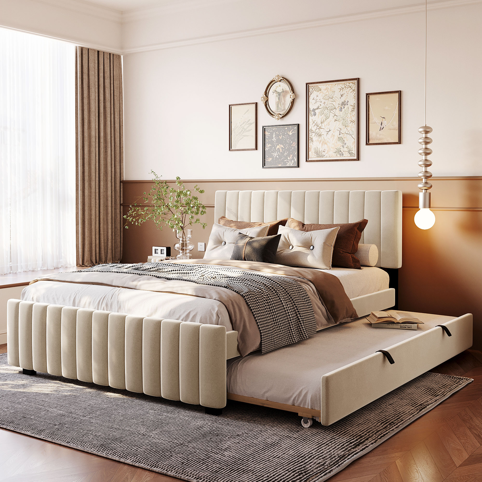 Queen Size Velvet Upholstered Platform Bed with Twin XL Size Trundle