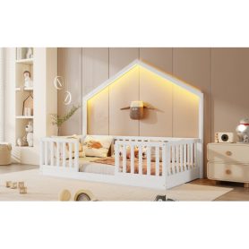 House Shape Twin Floor Bed with High Rails and Light