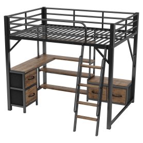 Metal Full Size Loft Bed With Desk, Light, Storage Shelves, Wardrobe And Drawers