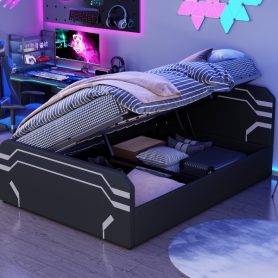 Queen Size Upholstered Gaming Bed with Side-Lift Hydraulic Storage System