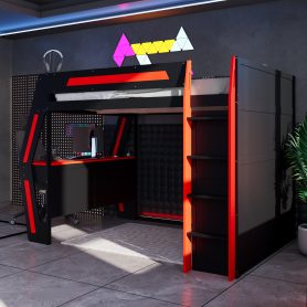 Full Size Gaming Loft Bed with Integrated Desk, Smart RGB LED Lights and USB Ports