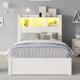 Wood Twin Bed with Drawers, Headboard And Pull Out Storage Cabinet