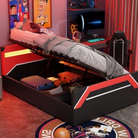 Queen Size Gaming Bed with Built-in 7-Color LED Lighting Headboard