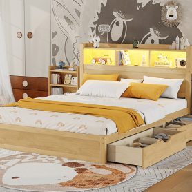 Wood Queen Bed with Drawers, Headboard And Pull Out Storage Cabinet